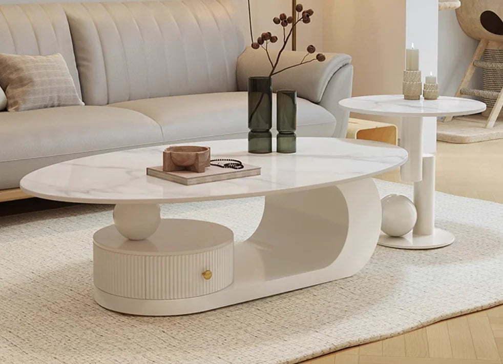 Cream Style Oval Coffee Table - Minimalist Rock Plate Design