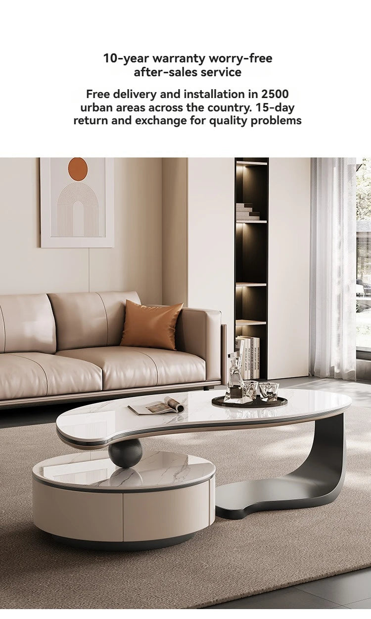 Modern Coffee Table With 2 Storage Drawers For Living Room Faux Marble Leaf Shape Coffee End Tables With Sturdy Metal Base