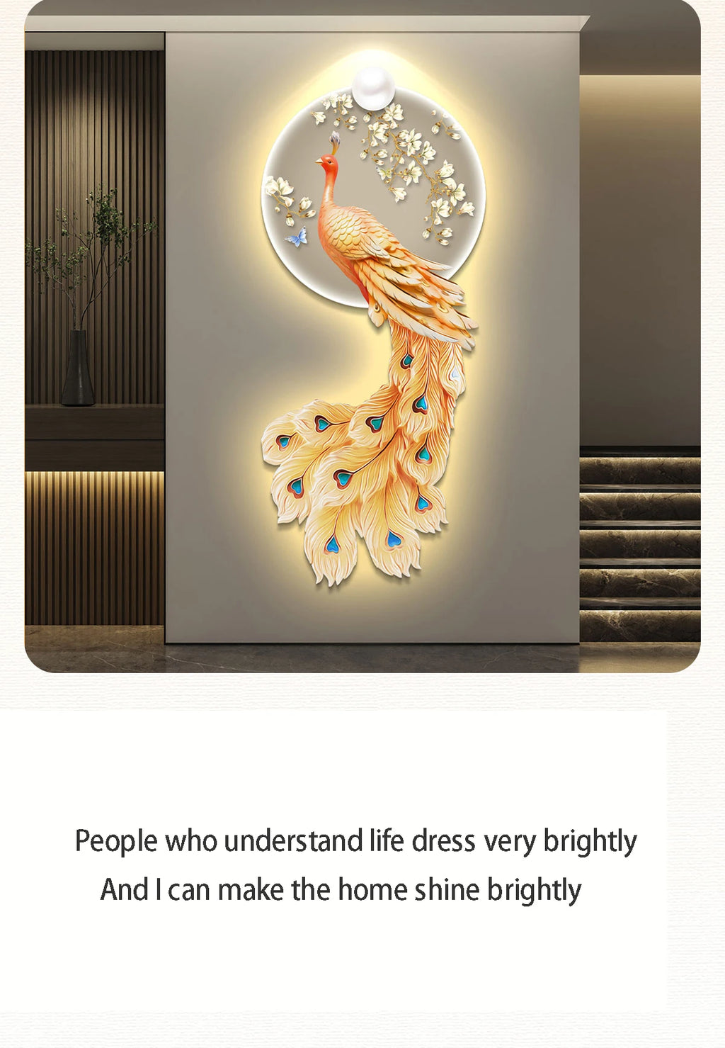 LED Peacock Wall Art - Decorative Entrance Painting with Night Light