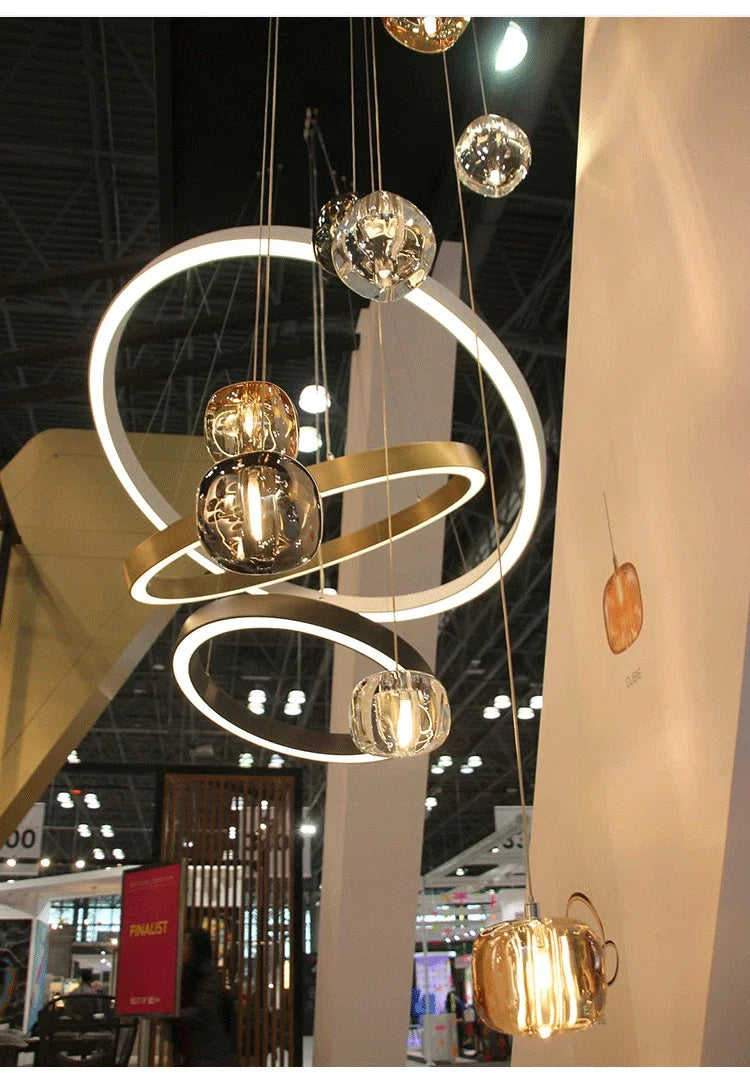 Luxury Led Staircase Chandelier Modern Home Decor Indoor Lighting Fixture Creative Amber/Smoky Grey/Clear Crystal Hanging Lamp