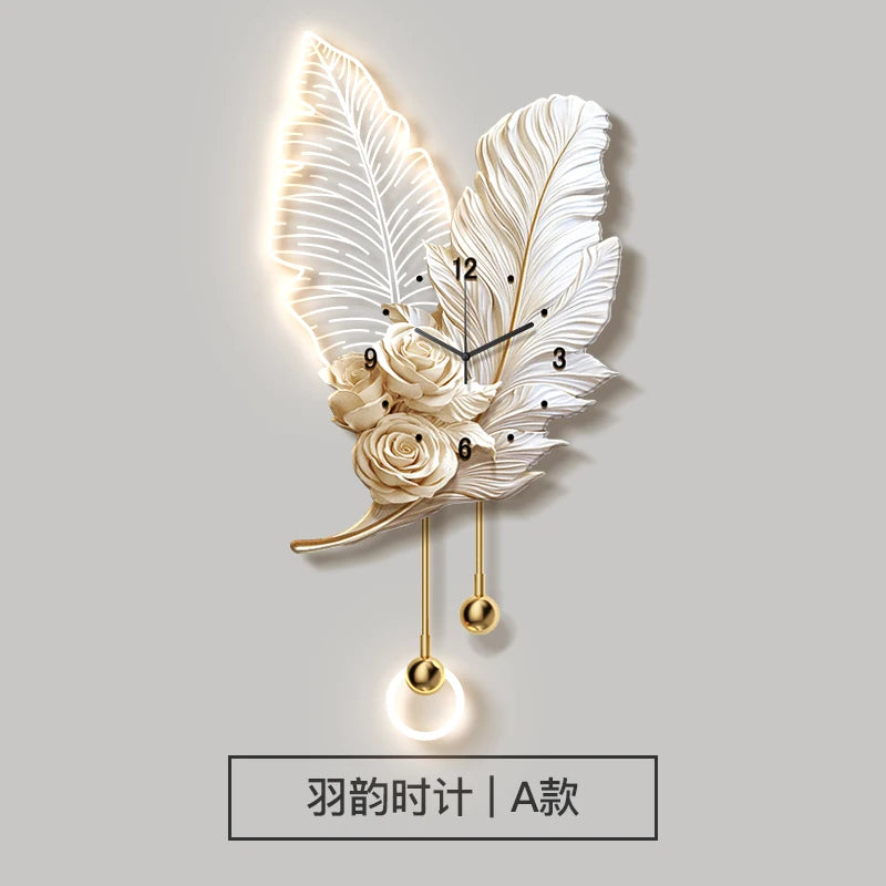 Feather Design Wall Clock With LED Lighting Luxury TV Background Art For Living Room Contemporary Wall Decor