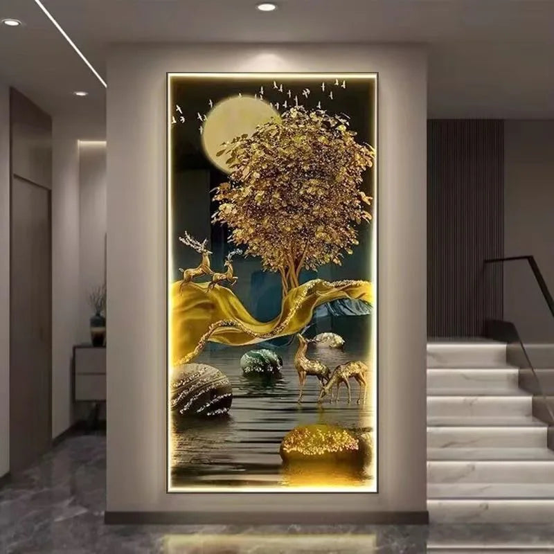 Chinese Style Welcome Pine LED Wall Art - Waterfall Landscape Canvas Painting