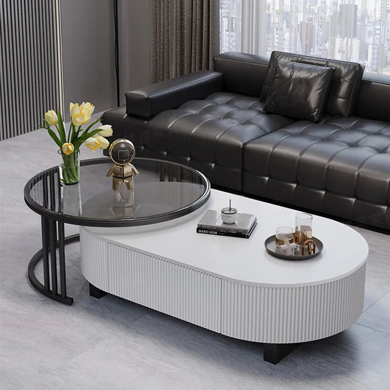 Oval Nesting Coffee Table Set of 2 - Marble Texture with Storage