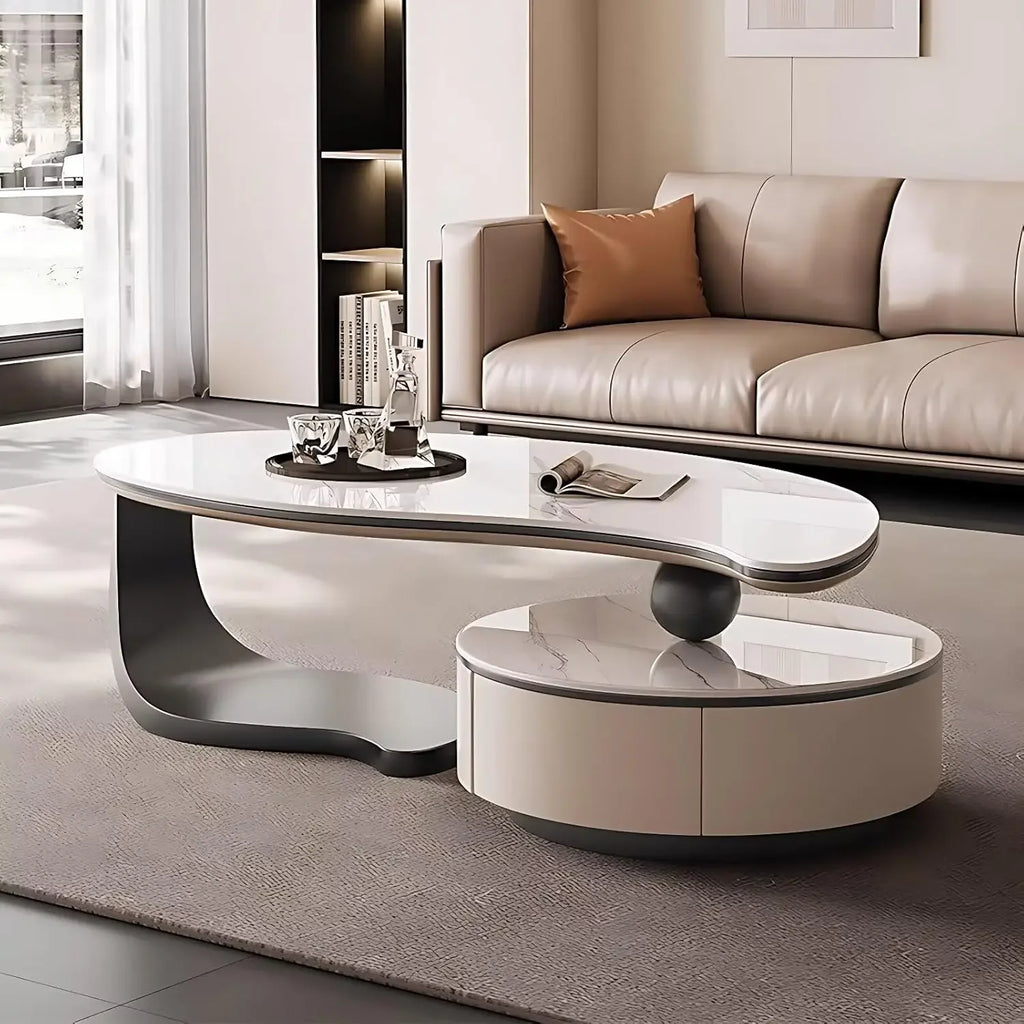 Modern Coffee Table With 2 Storage Drawers For Living Room Faux Marble Leaf Shape Coffee End Tables With Sturdy Metal Base
