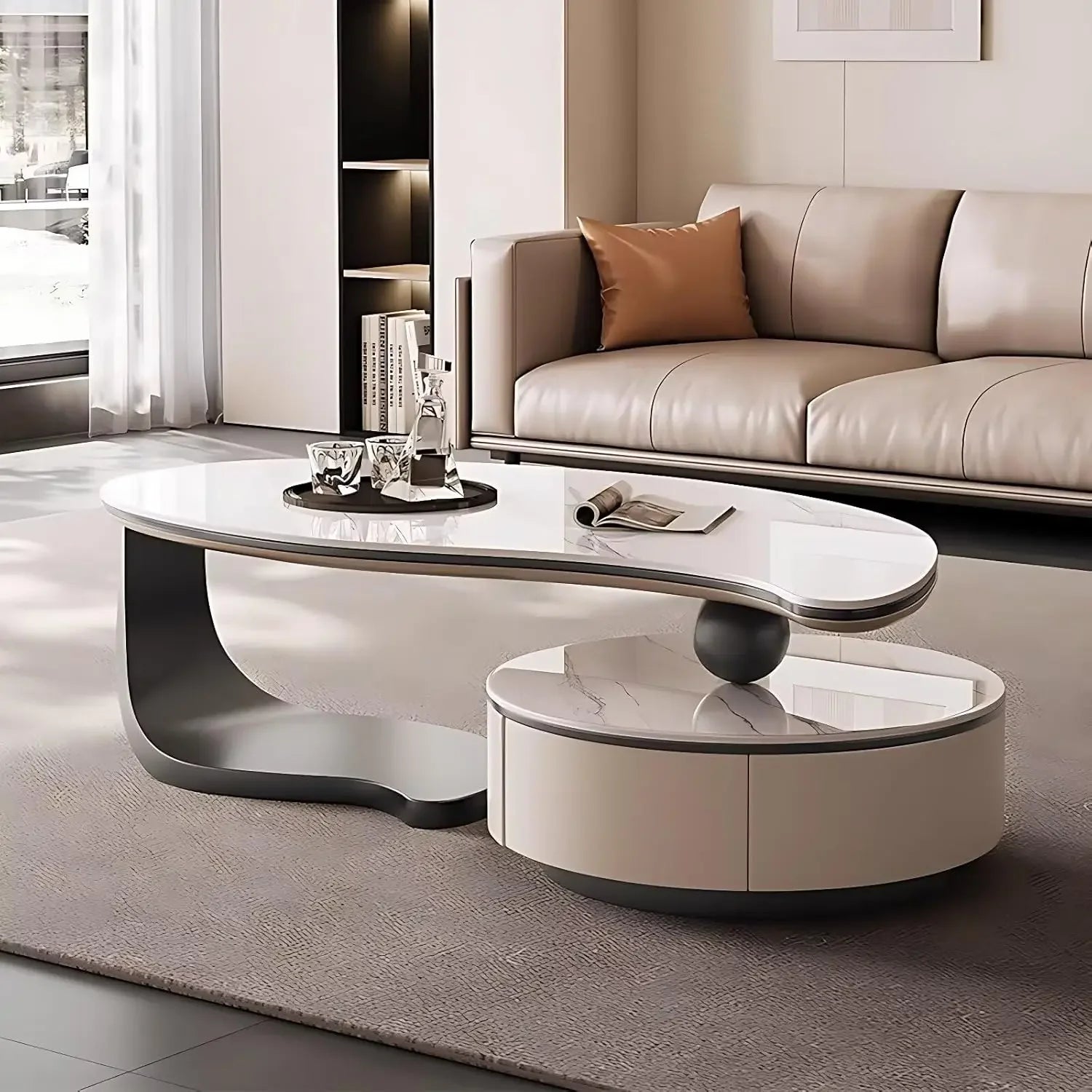 Modern Coffee Table With 2 Storage Drawers For Living Room Faux Marble Leaf Shape Coffee End Tables With Sturdy Metal Base