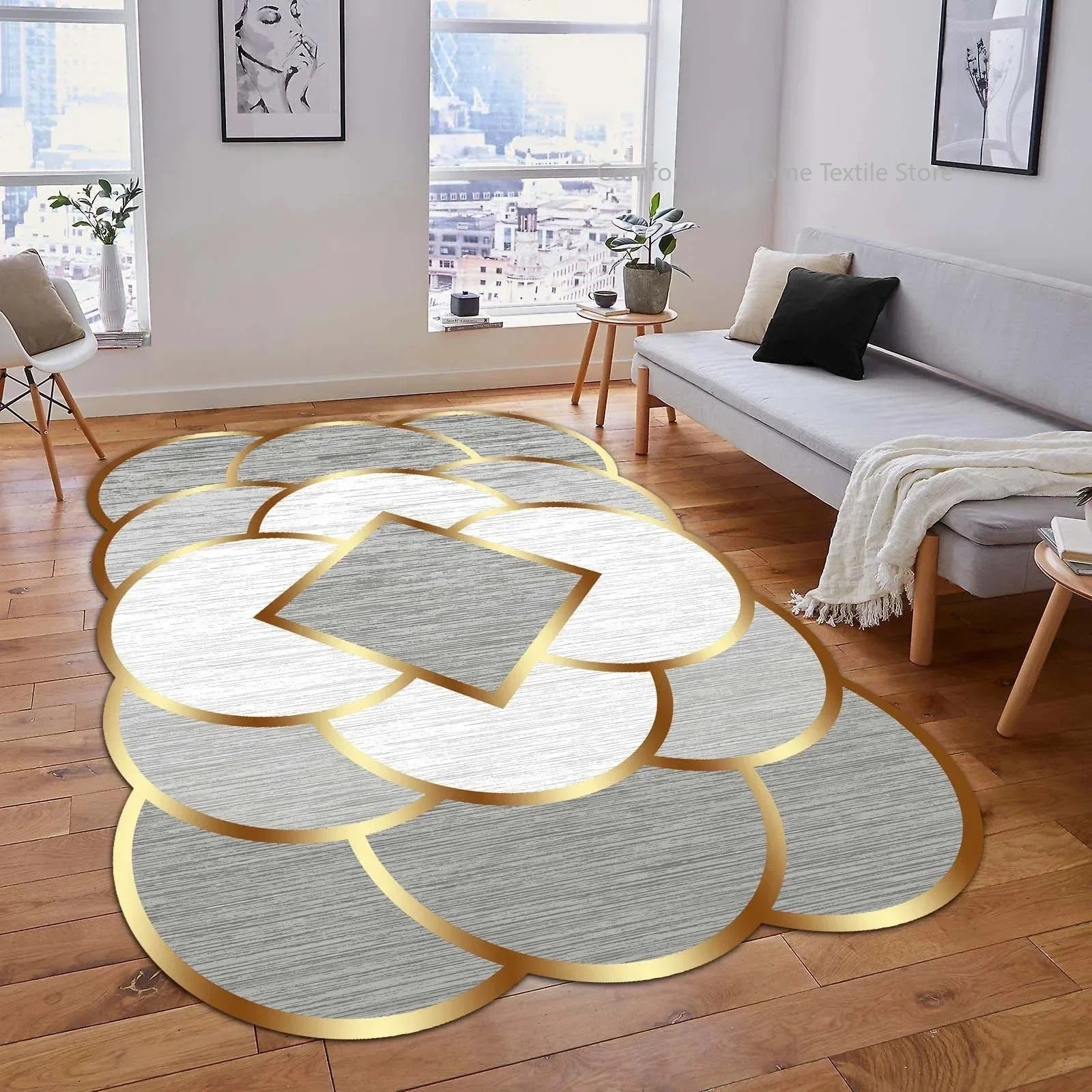 Luxury Gold Geometric Area Rug - Non-Slip Washable Carpet for Living Room & Bedroom