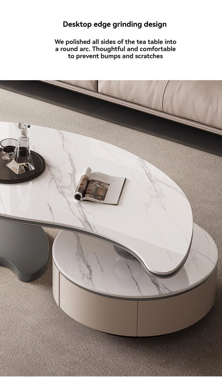 Modern Coffee Table With 2 Storage Drawers For Living Room Faux Marble Leaf Shape Coffee End Tables With Sturdy Metal Base