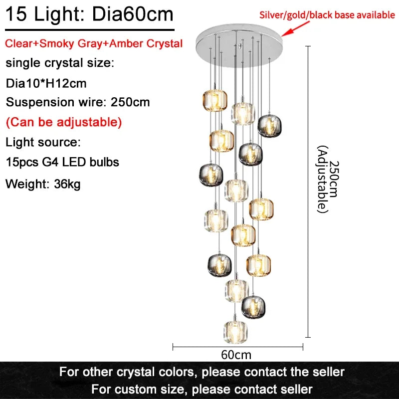 Luxury Led Staircase Chandelier Modern Home Decor Indoor Lighting Fixture Creative Amber/Smoky Grey/Clear Crystal Hanging Lamp