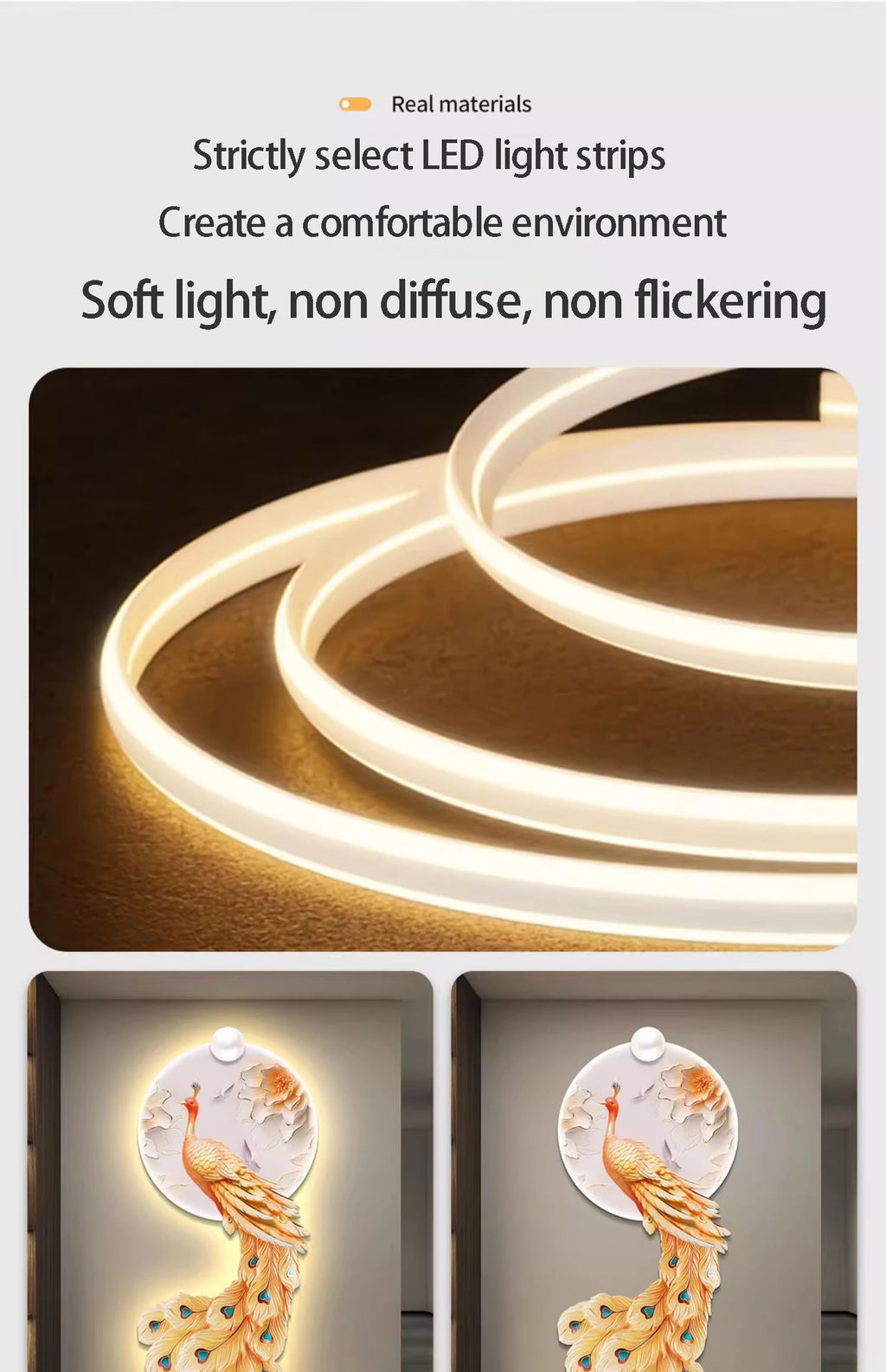 LED Peacock Wall Art - Decorative Entrance Painting with Night Light