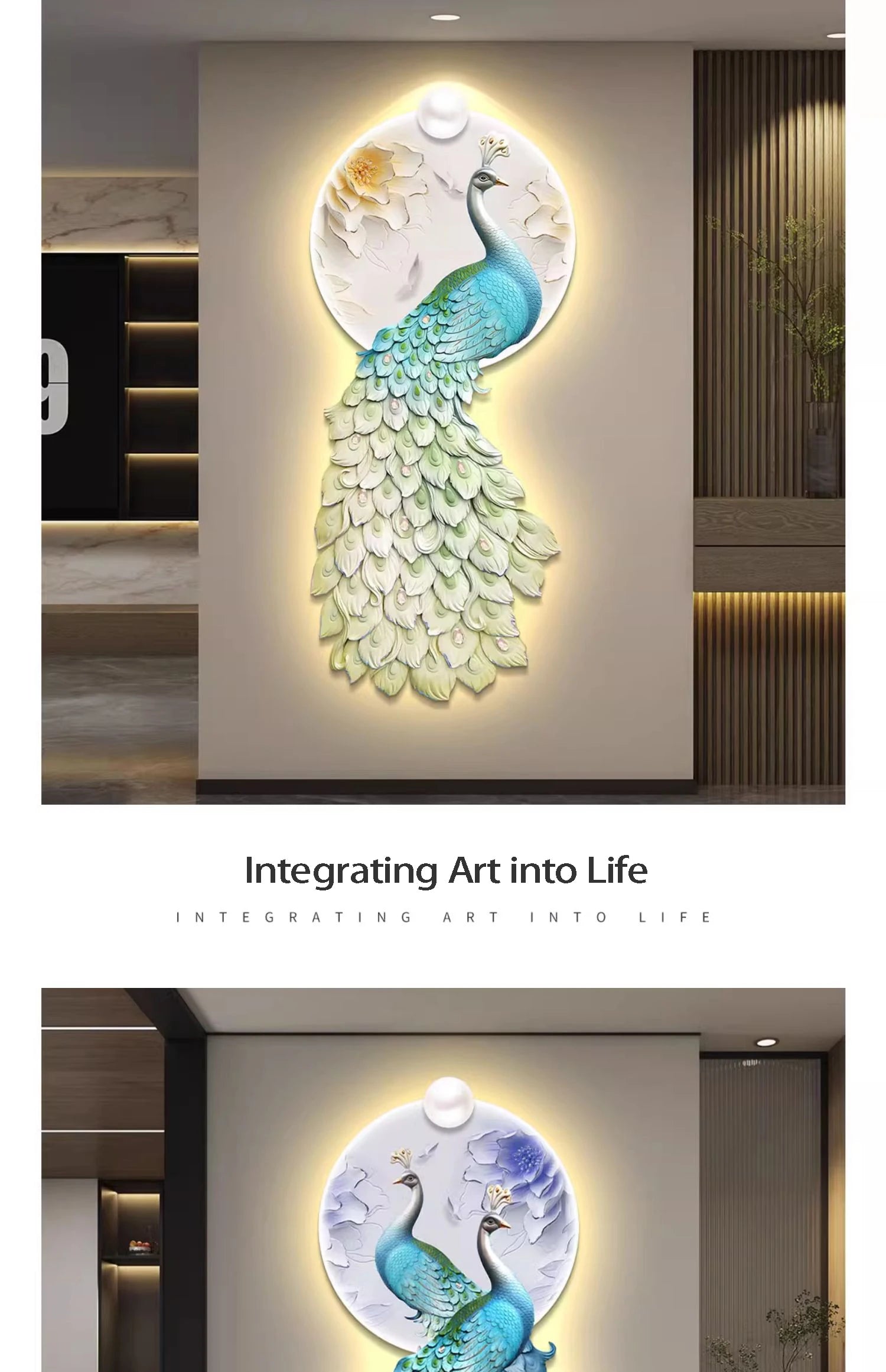 LED Peacock Wall Art - Decorative Entrance Painting with Night Light