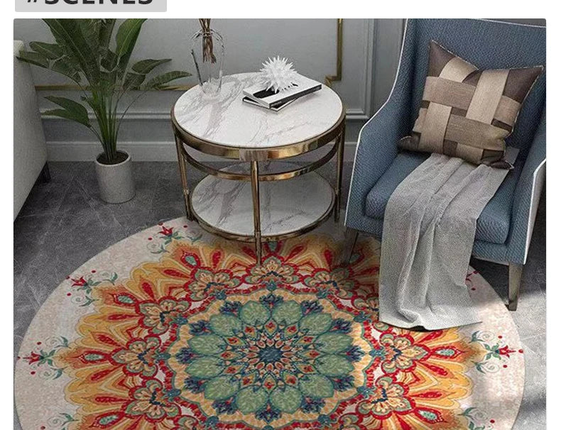 Mandala Round Area Rug - Non-Slip Dirt-Resistant Carpet for Living Room & Bedroom