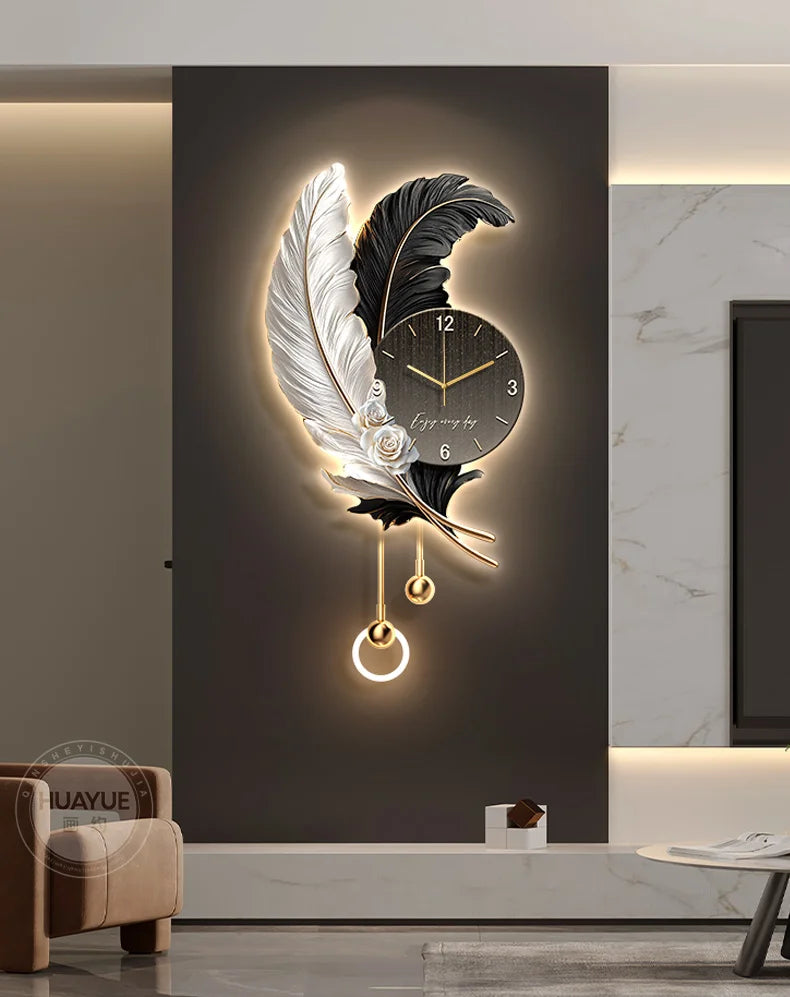 Feather Design Wall Clock With LED Lighting Luxury TV Background Art For Living Room Contemporary Wall Decor