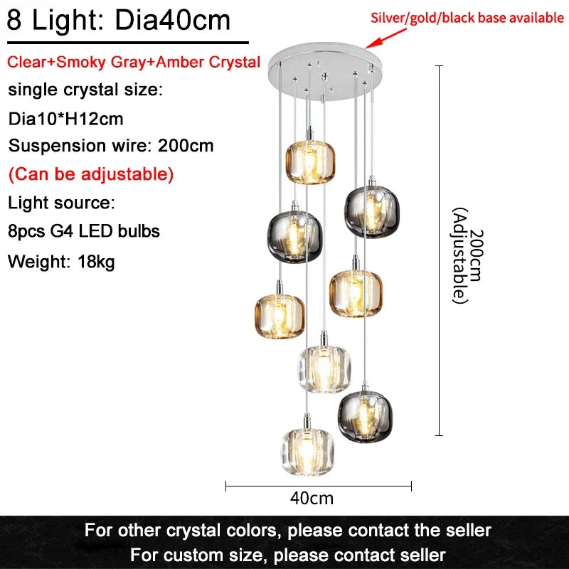 Luxury Led Staircase Chandelier Modern Home Decor Indoor Lighting Fixture Creative Amber/Smoky Grey/Clear Crystal Hanging Lamp