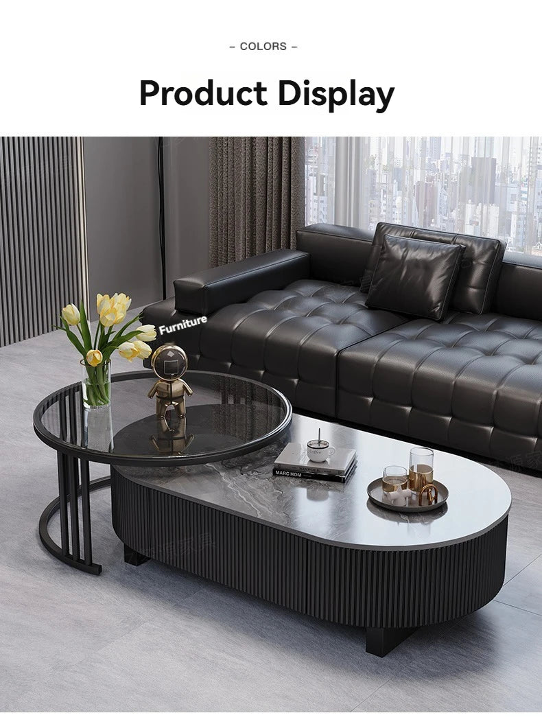 Oval Nesting Coffee Table Set of 2 - Marble Texture with Storage