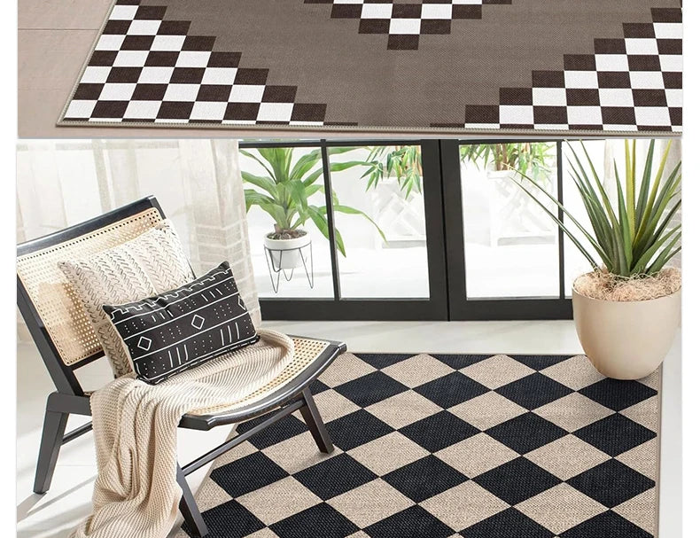 Black & White Checkered Rug - Non-Slip Living Room Carpet