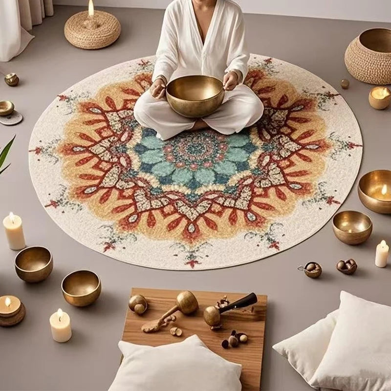 Mandala Round Area Rug - Non-Slip Dirt-Resistant Carpet for Living Room & Bedroom