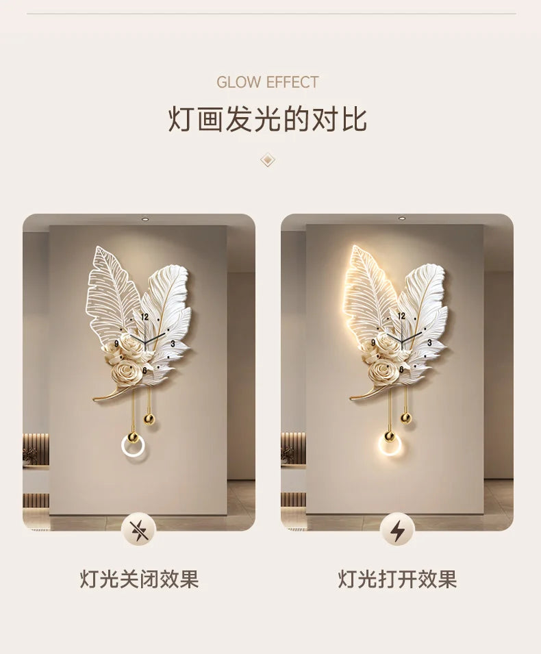 Feather Design Wall Clock With LED Lighting Luxury TV Background Art For Living Room Contemporary Wall Decor
