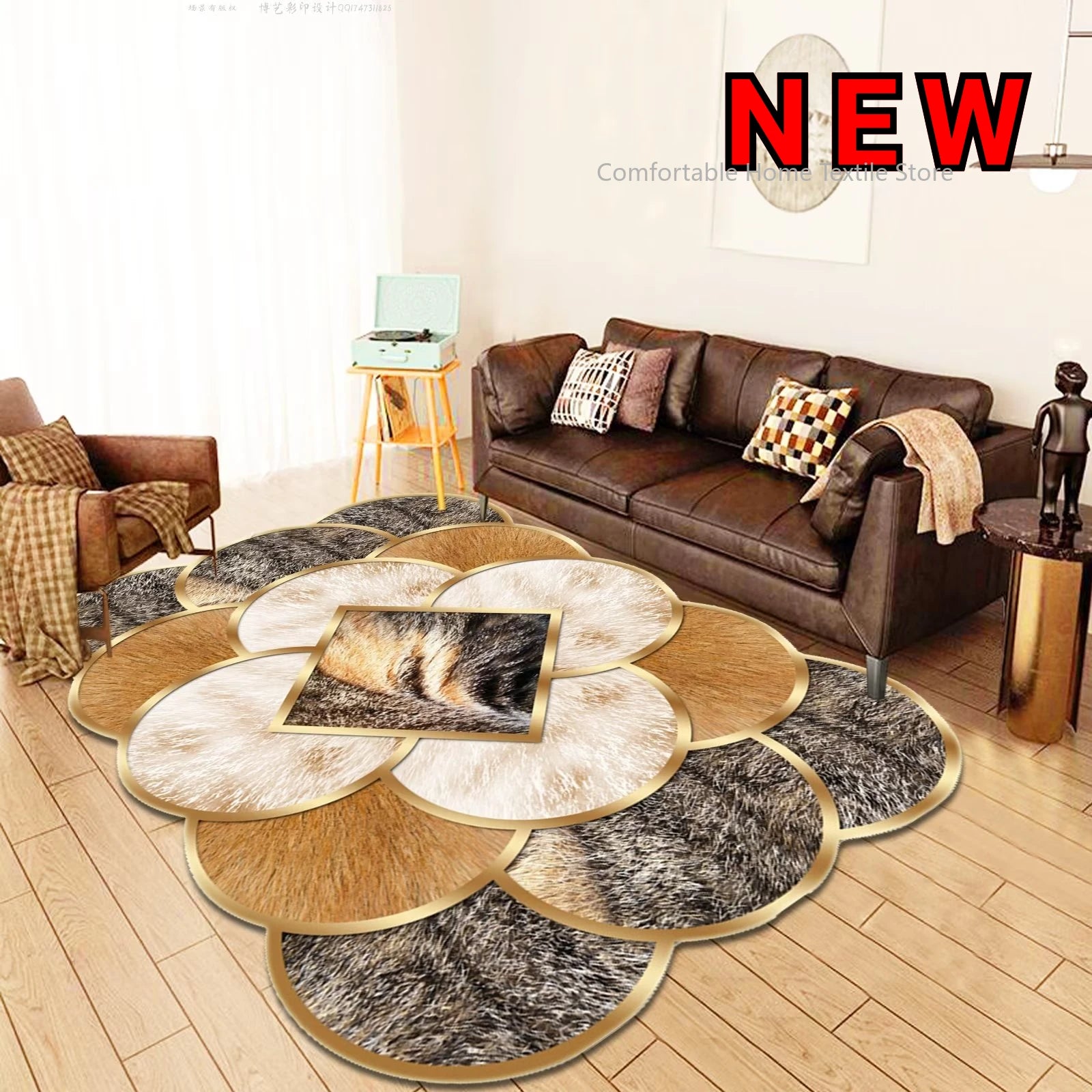 Luxury Gold Geometric Area Rug - Non-Slip Washable Carpet for Living Room & Bedroom