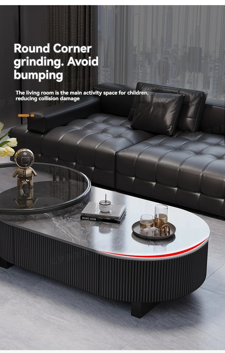 Oval Nesting Coffee Table Set of 2 - Marble Texture with Storage