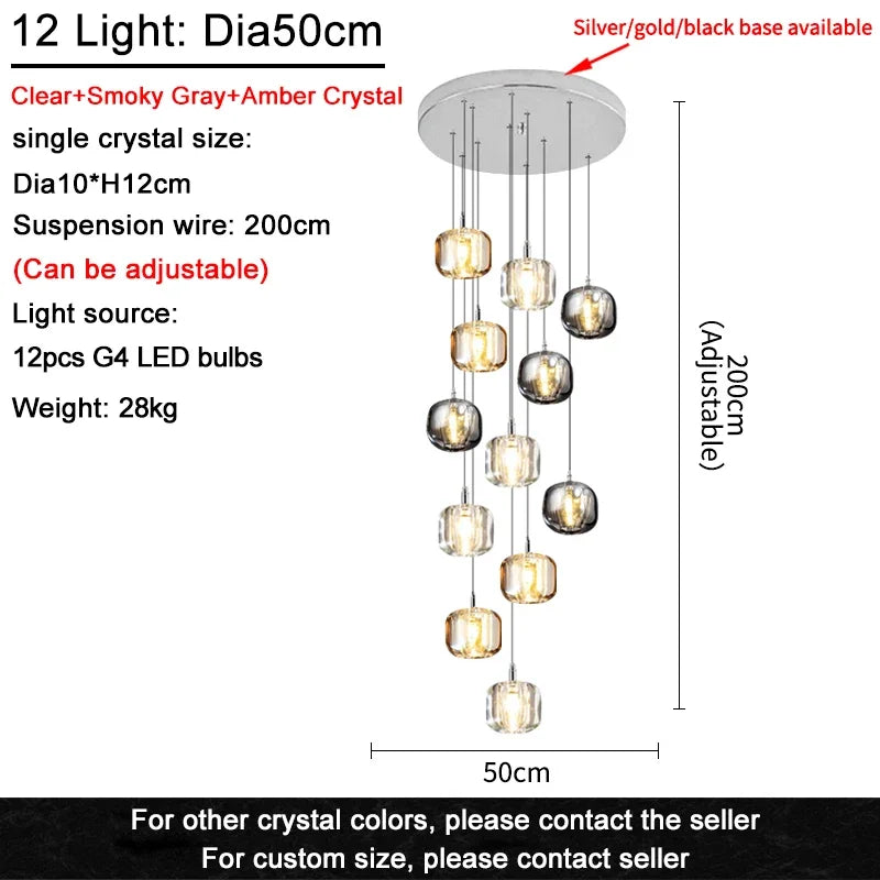 Luxury Led Staircase Chandelier Modern Home Decor Indoor Lighting Fixture Creative Amber/Smoky Grey/Clear Crystal Hanging Lamp