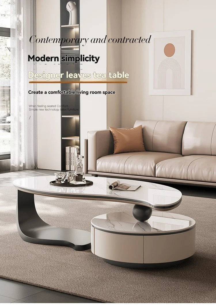 Modern Coffee Table With 2 Storage Drawers For Living Room Faux Marble Leaf Shape Coffee End Tables With Sturdy Metal Base