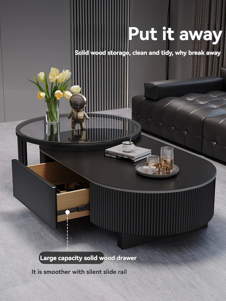 Oval Nesting Coffee Table Set of 2 - Marble Texture with Storage