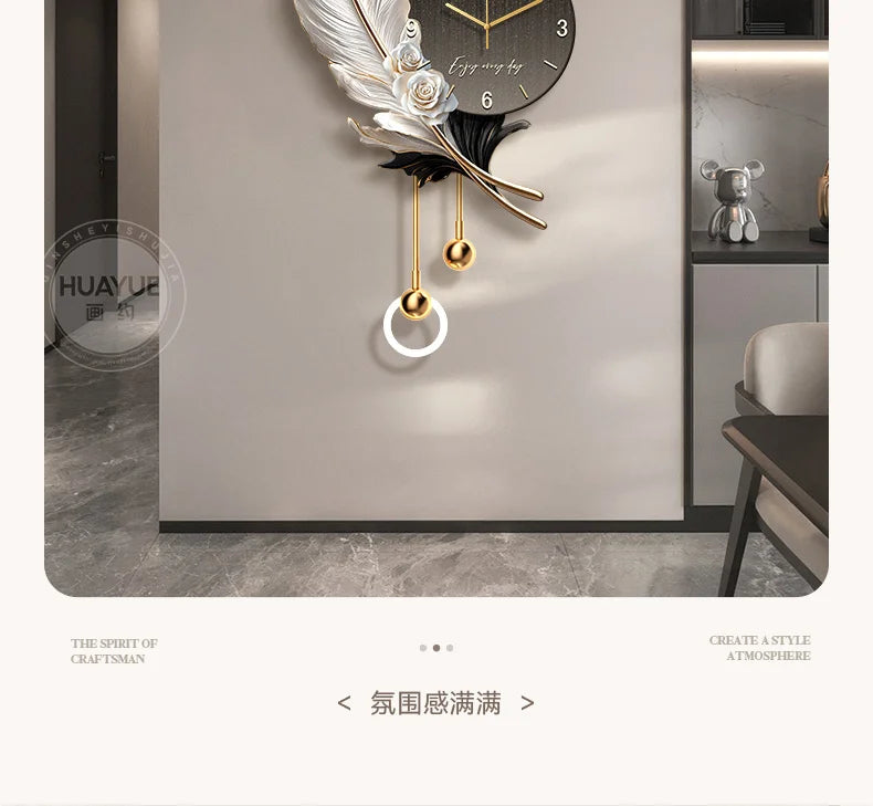 Feather Design Wall Clock With LED Lighting Luxury TV Background Art For Living Room Contemporary Wall Decor