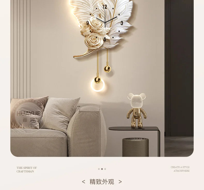 Feather Design Wall Clock With LED Lighting Luxury TV Background Art For Living Room Contemporary Wall Decor
