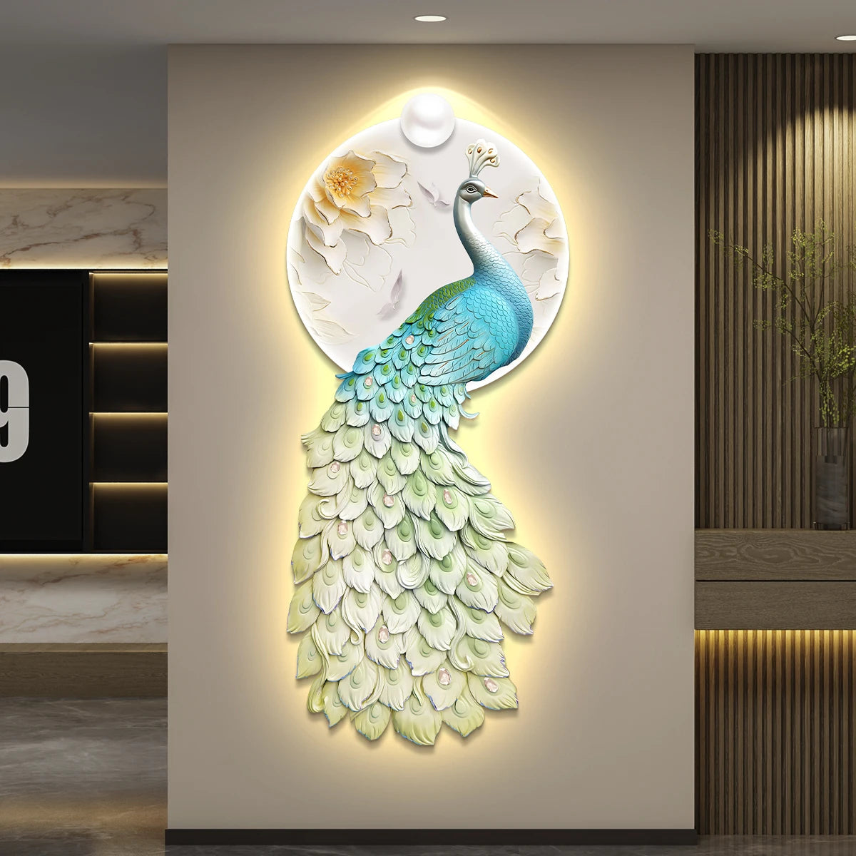 LED Peacock Wall Art - Decorative Entrance Painting with Night Light