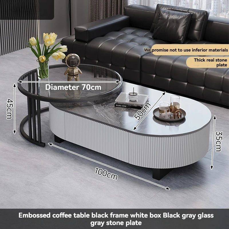 Oval Nesting Coffee Table Set of 2 - Marble Texture with Storage