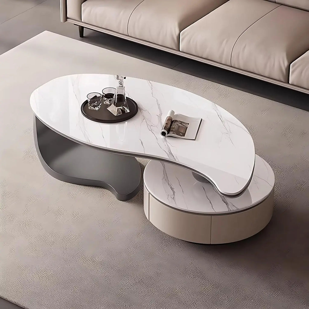 Modern Coffee Table With 2 Storage Drawers For Living Room Faux Marble Leaf Shape Coffee End Tables With Sturdy Metal Base