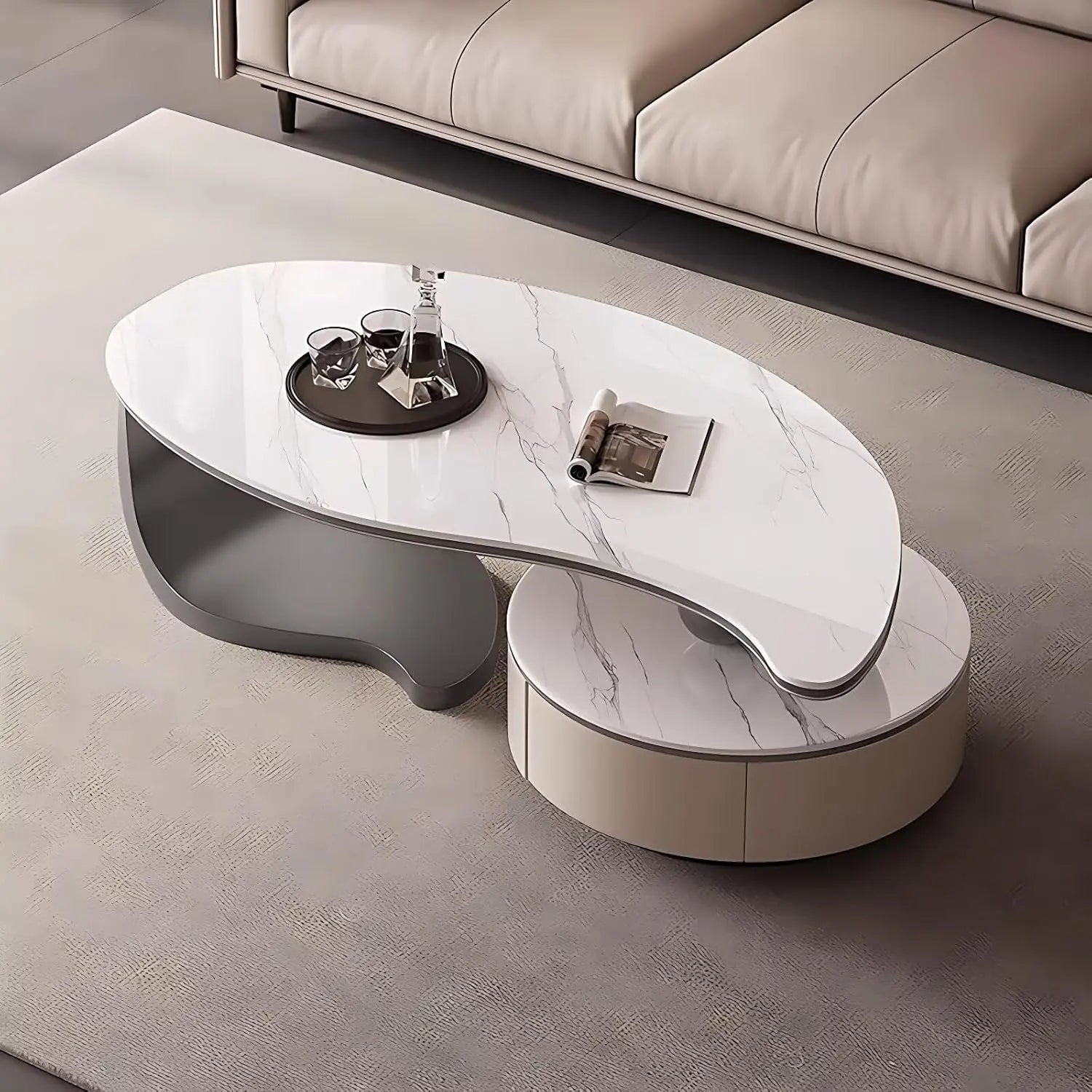 Modern Coffee Table With 2 Storage Drawers For Living Room Faux Marble Leaf Shape Coffee End Tables With Sturdy Metal Base