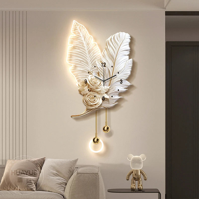 Feather Design Wall Clock With LED Lighting Luxury TV Background Art For Living Room Contemporary Wall Decor
