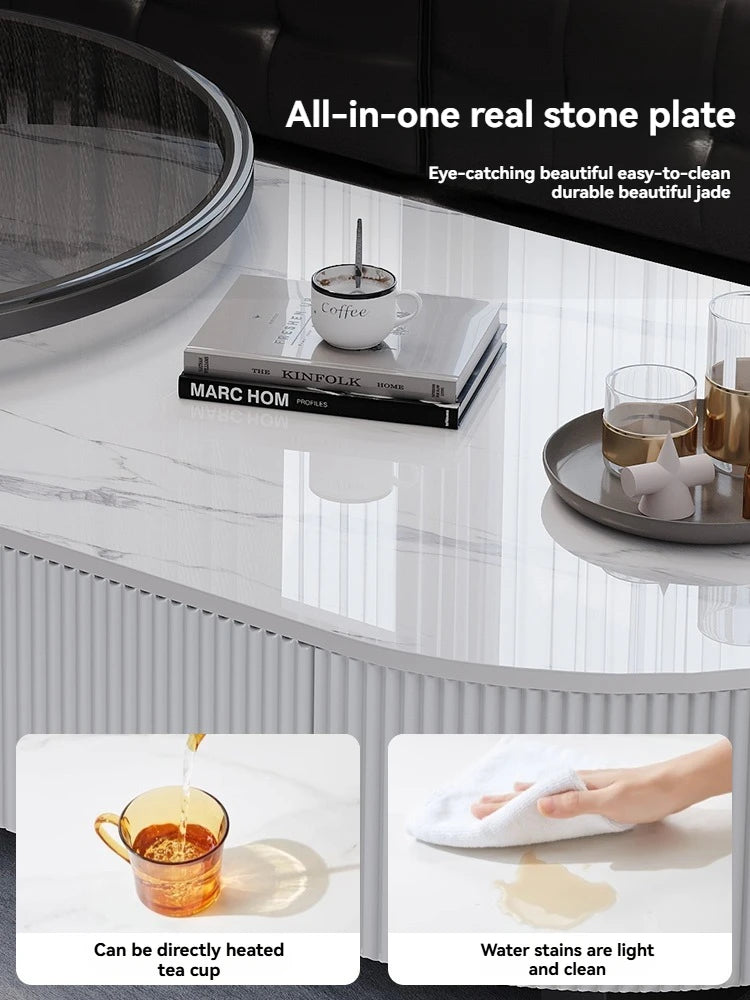 Oval Nesting Coffee Table Set of 2 - Marble Texture with Storage