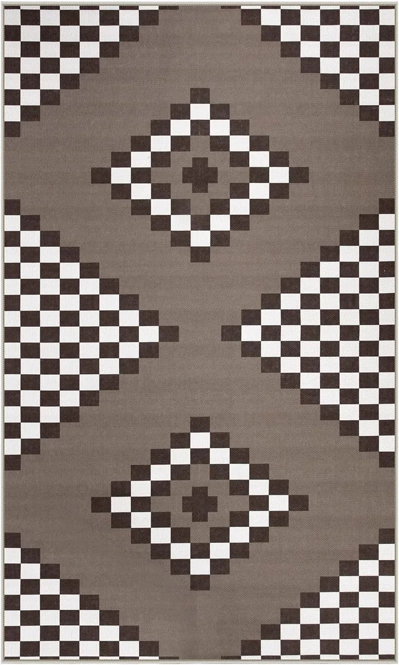 Black & White Checkered Rug - Non-Slip Living Room Carpet