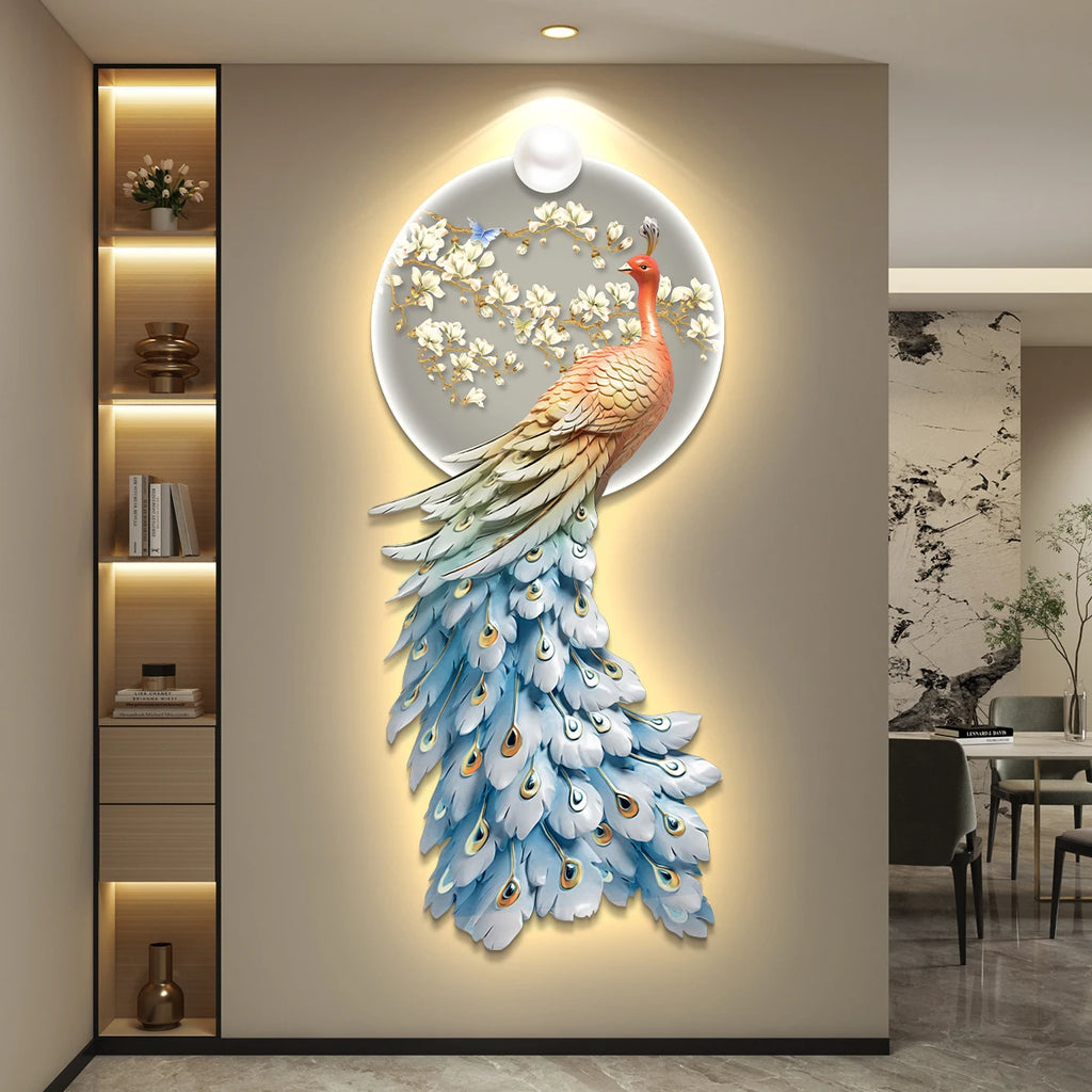 LED Peacock Wall Art - Decorative Entrance Painting with Night Light