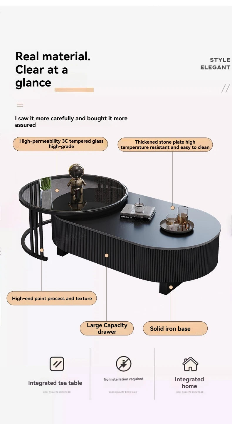 Oval Nesting Coffee Table Set of 2 - Marble Texture with Storage