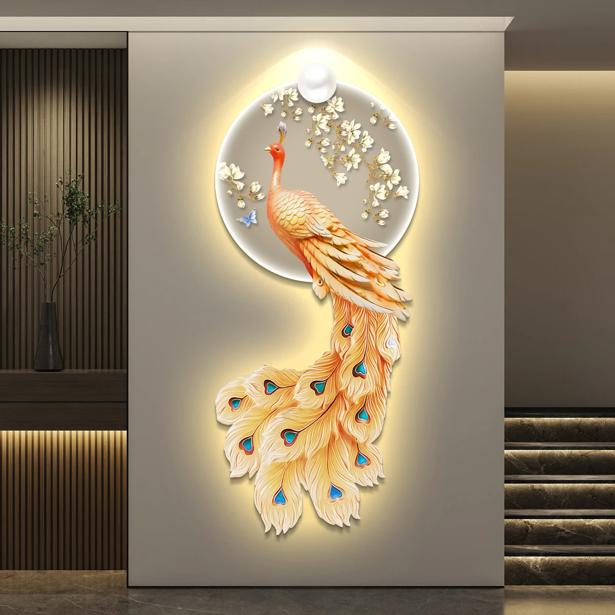 LED Peacock Wall Art - Decorative Entrance Painting with Night Light