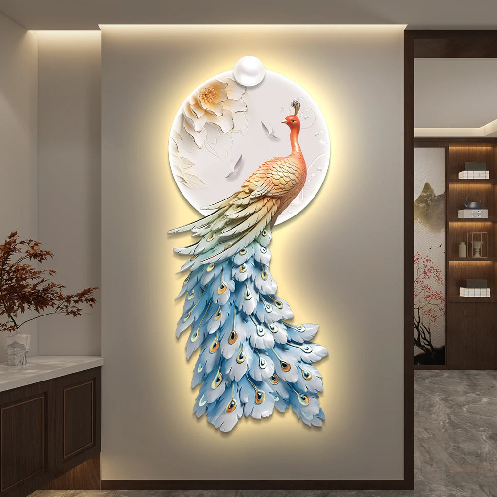 LED Peacock Wall Art - Decorative Entrance Painting with Night Light