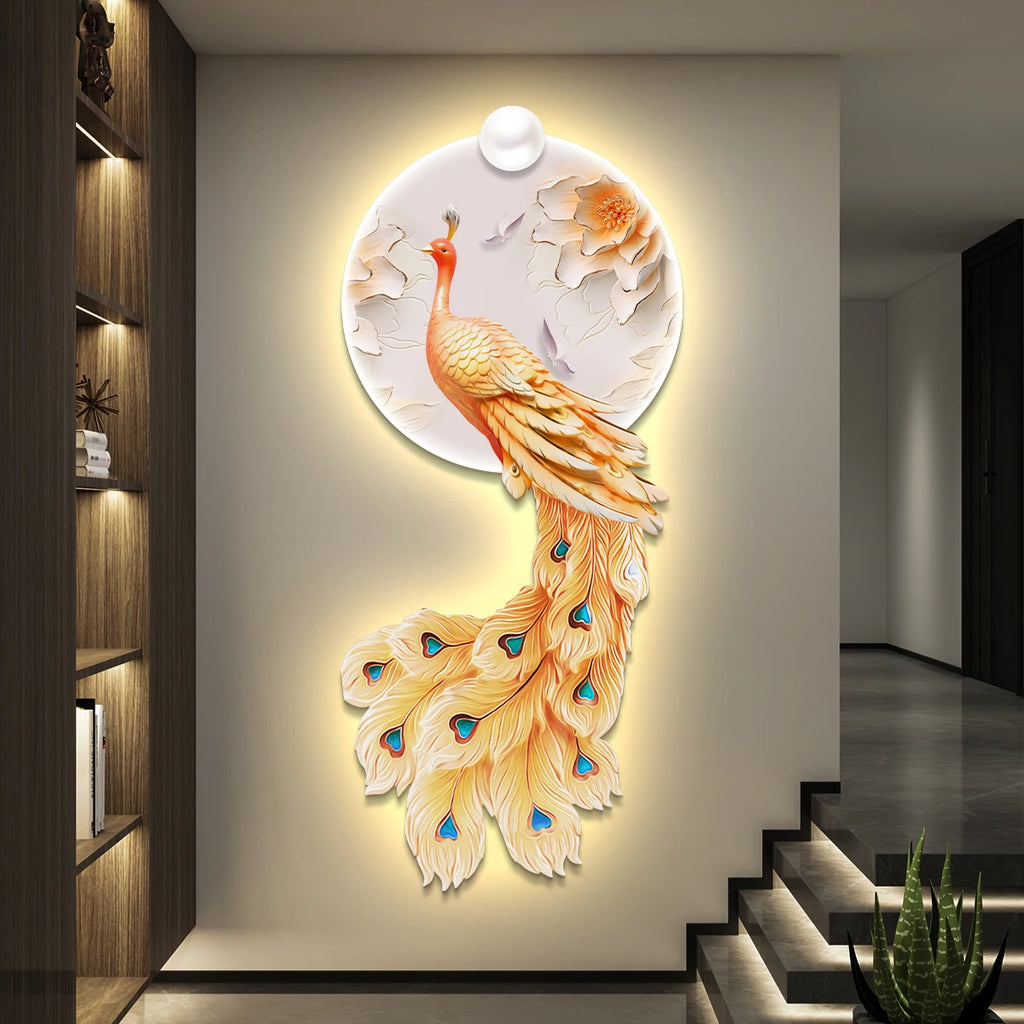 LED Peacock Wall Art - Decorative Entrance Painting with Night Light