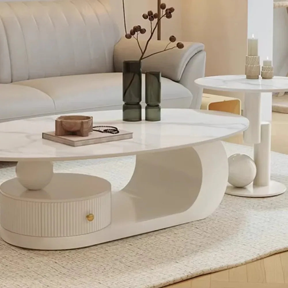 Cream Style Oval Coffee Table - Minimalist Rock Plate Design