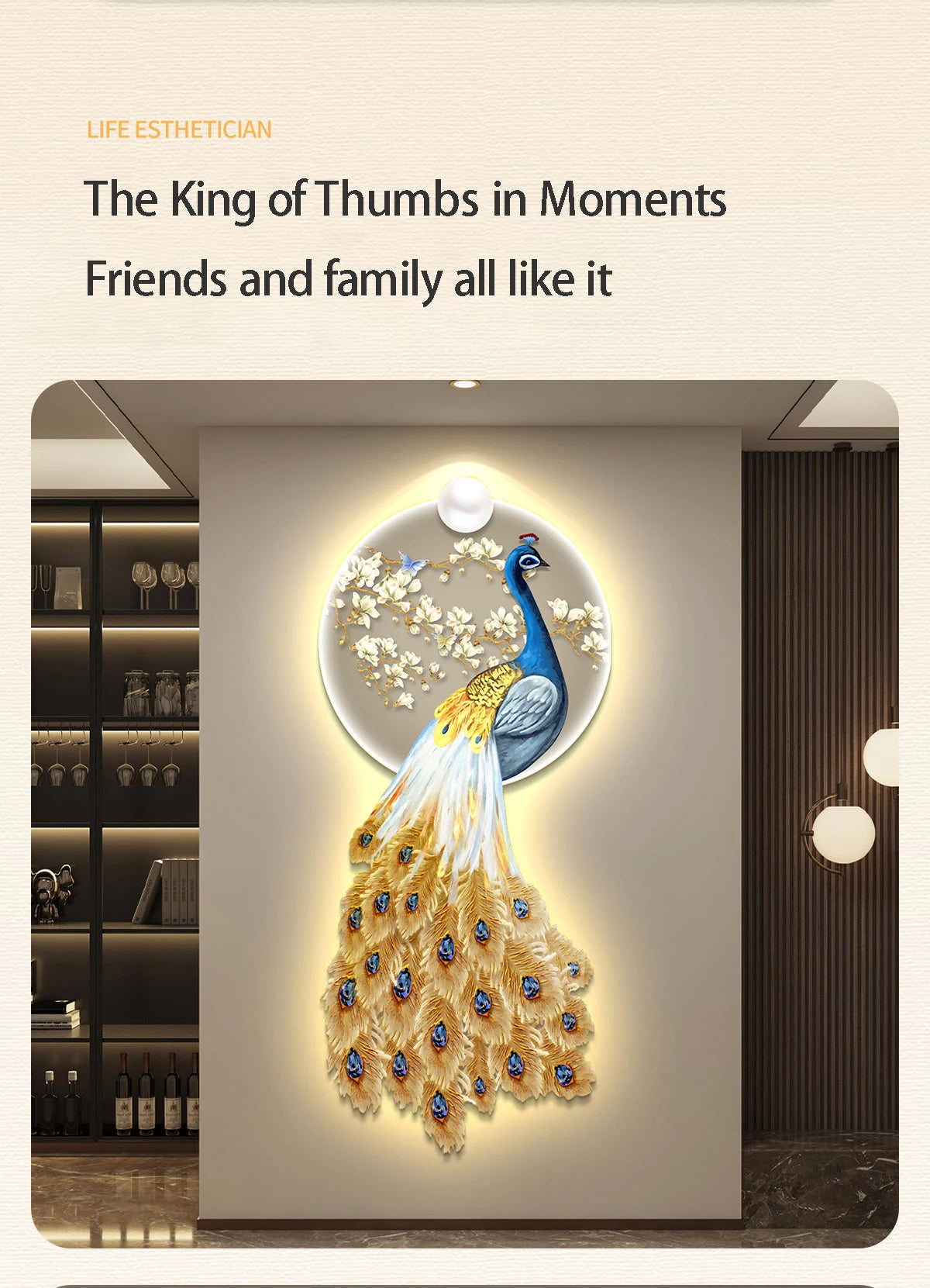 LED Peacock Wall Art - Decorative Entrance Painting with Night Light