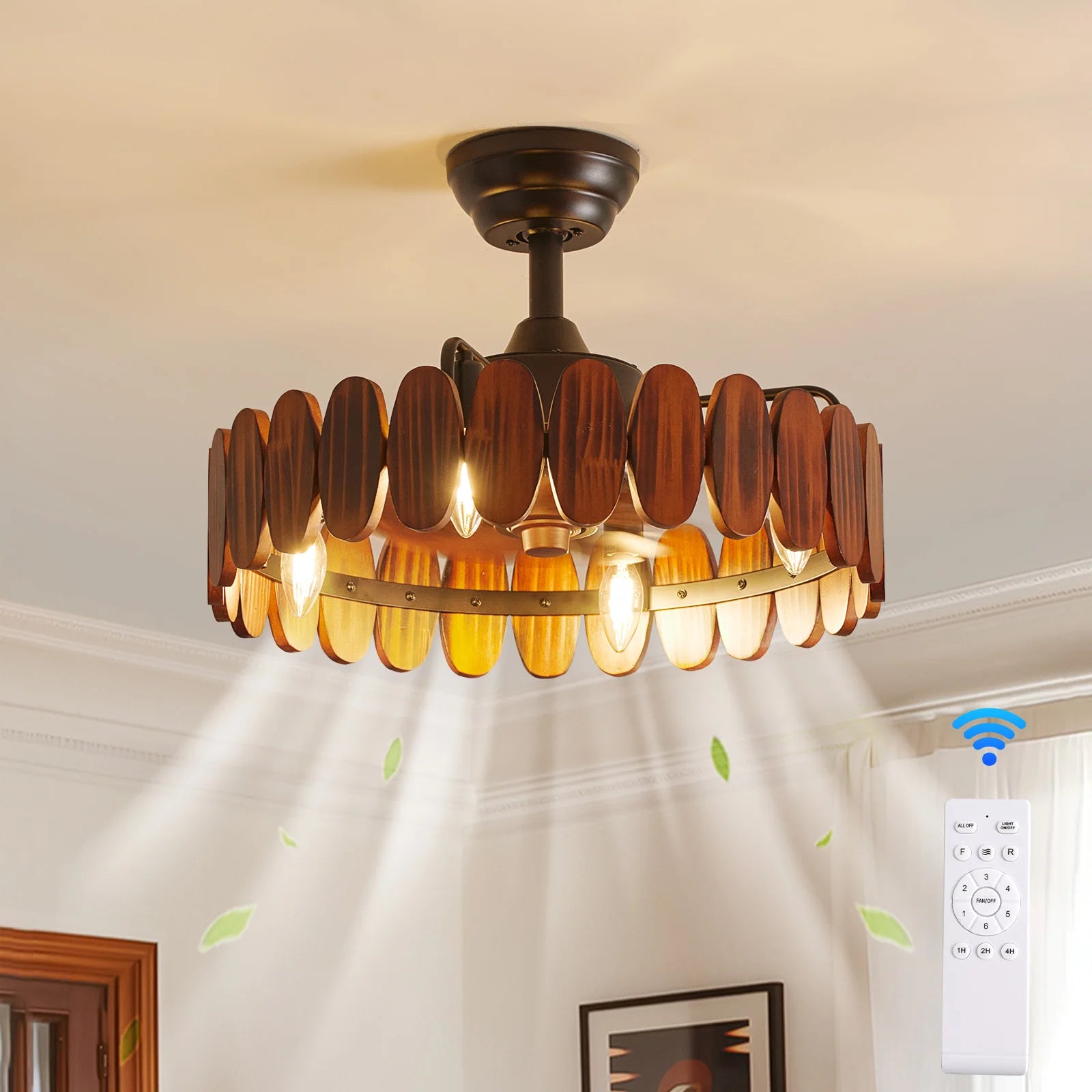 Farmhouse Wood Ceiling Fan with Lights, 19.7 Inch Rustic Chandelier Ceiling Fans Enclosed Bladeless Ceiling Fan Light Fandelier