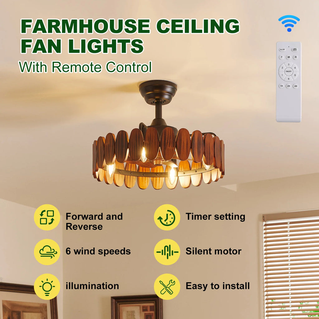 Farmhouse Wood Ceiling Fan with Lights, 19.7 Inch Rustic Chandelier Ceiling Fans Enclosed Bladeless Ceiling Fan Light Fandelier