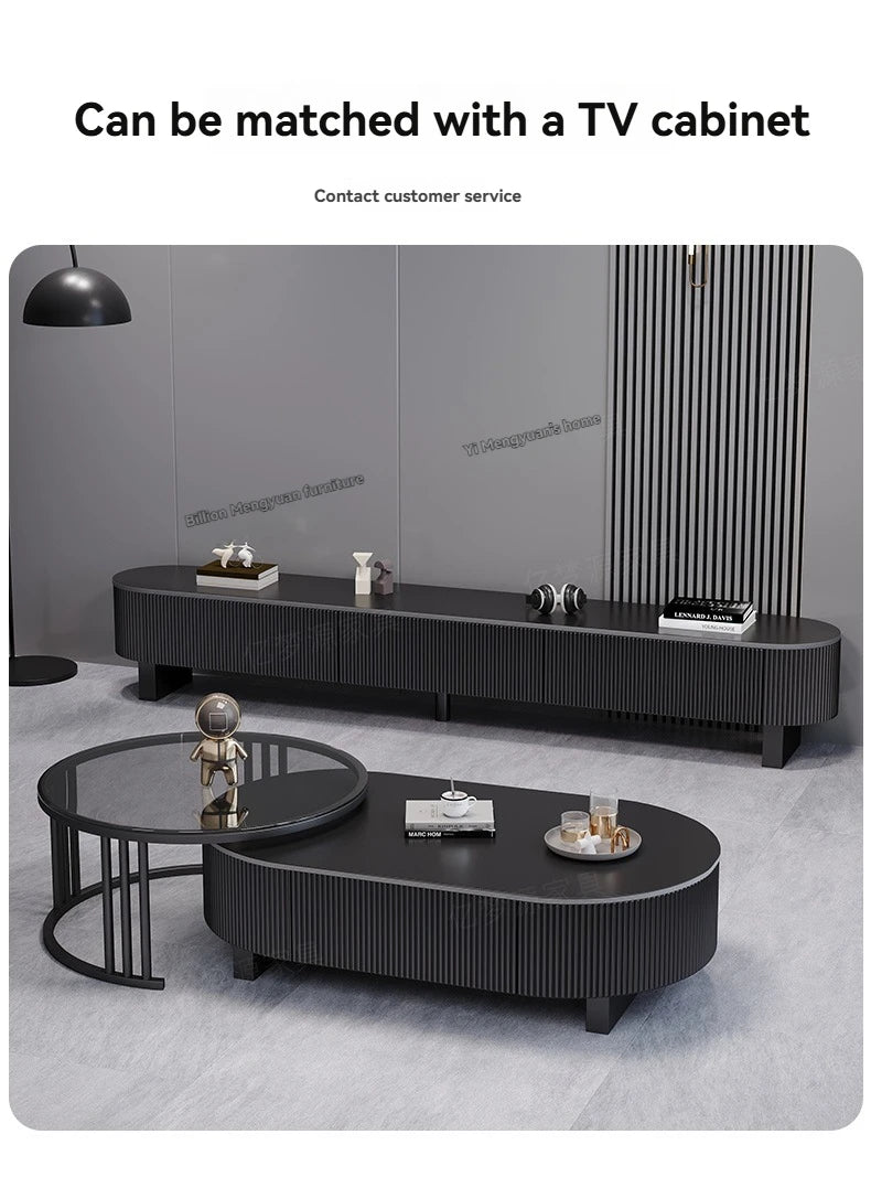 Oval Nesting Coffee Table Set of 2 - Marble Texture with Storage