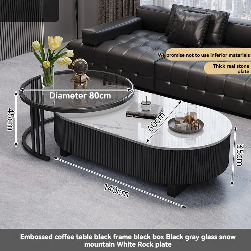 Oval Nesting Coffee Table Set of 2 - Marble Texture with Storage