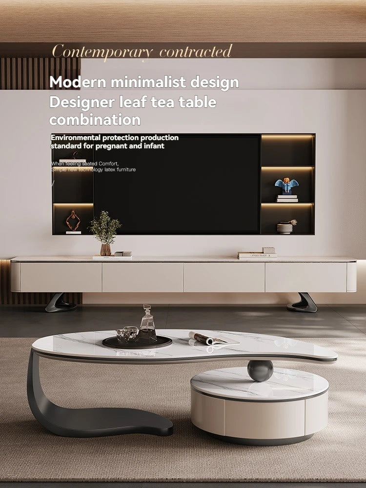 Modern Coffee Table With 2 Storage Drawers For Living Room Faux Marble Leaf Shape Coffee End Tables With Sturdy Metal Base