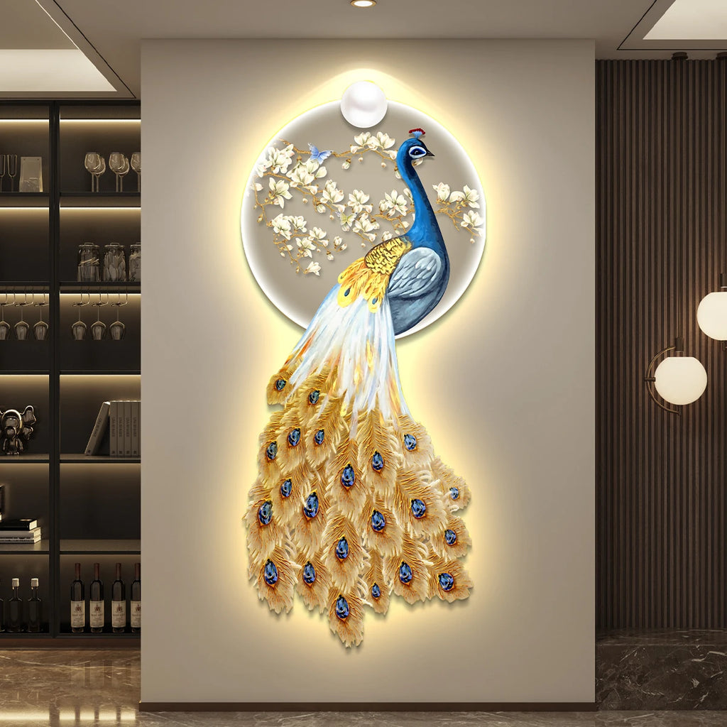 LED Peacock Wall Art - Decorative Entrance Painting with Night Light