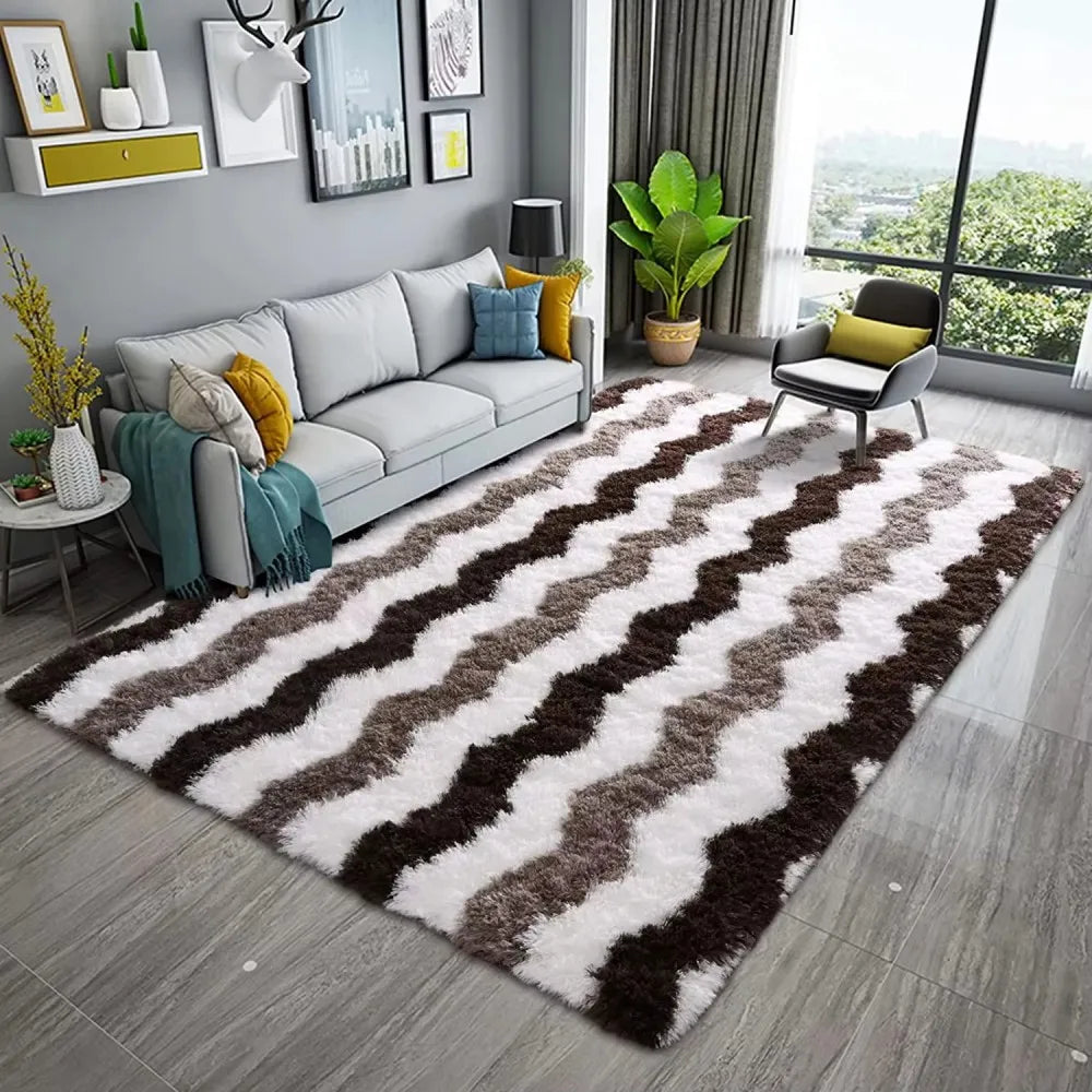 Plush Wave Pattern Area Rug - Soft Warm Patchwork Carpet for Living Room & Bedroom