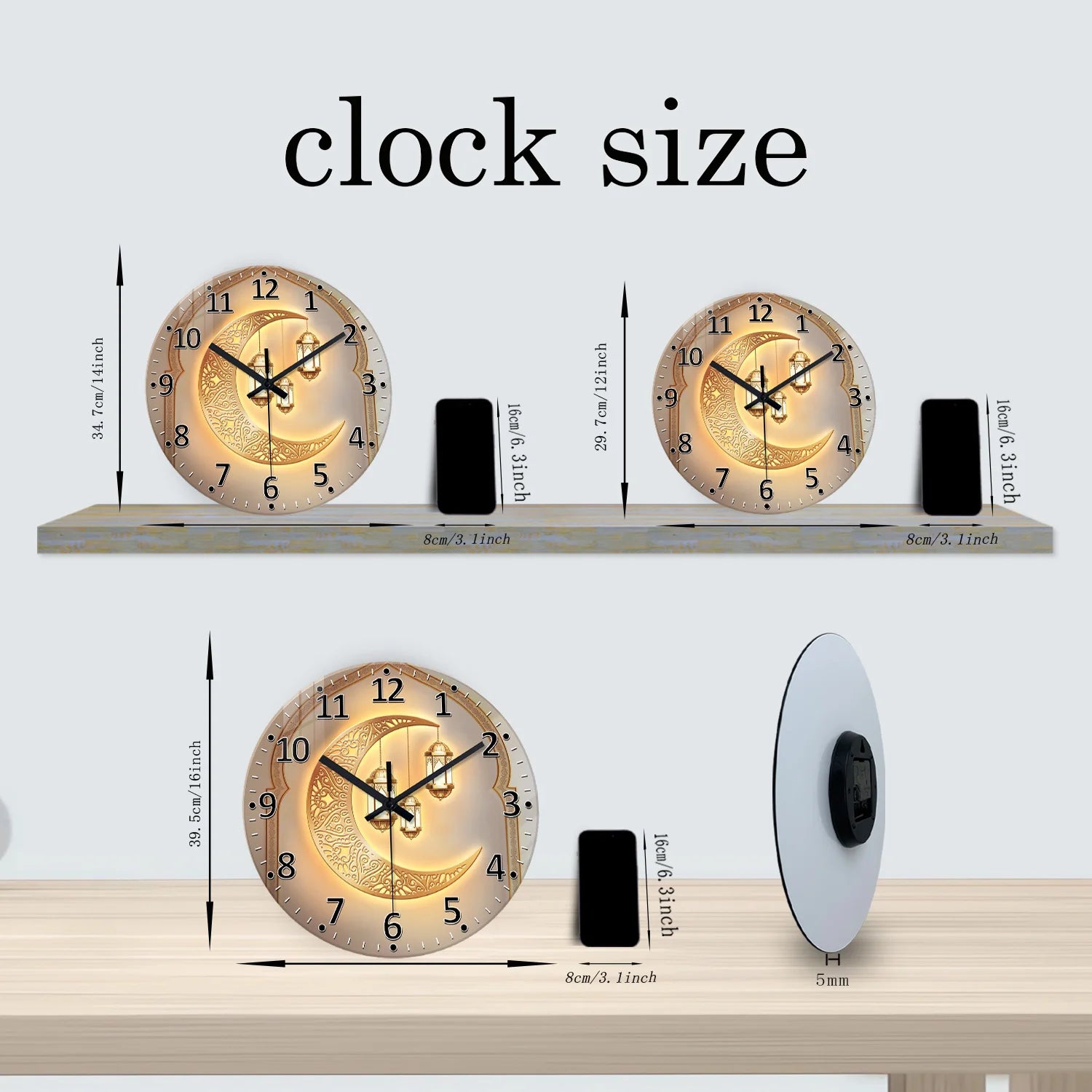 Luxury Golden Moon Wall Clock - Silent Quartz with Tempered Glass (12-16 Inch)